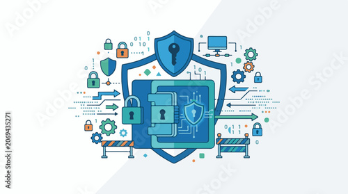 A blue shield with a keyhole and locks surrounded by various security-related icons