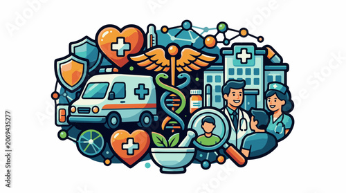 A colorful illustration of medical symbols and healthcare professionals