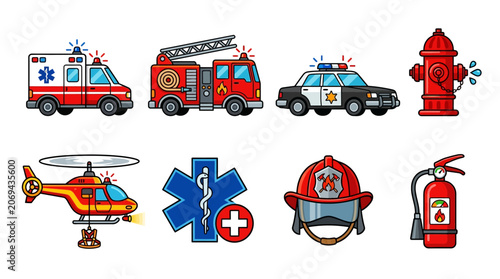 Emergency services vector icon set, fire truck and police car illustrations, ambulance and rescue helicopter graphics, 8 professional first responder elements