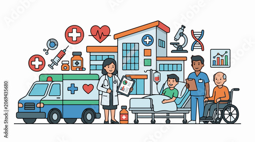 A colorful illustration of medical professionals and patients in front of a clinic