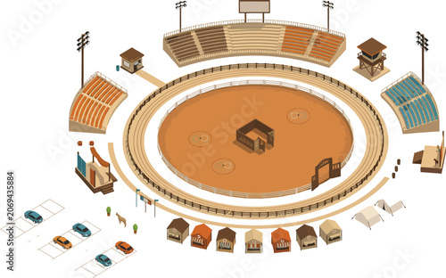 Fotografie Isometric rodeo arena with grandstands bleachers stadium seating floodlights ten