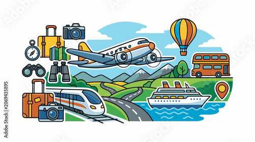 A colorful cartoon illustration of various modes of transportation and travel-related items