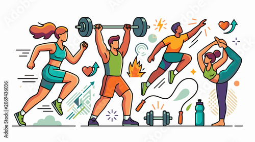 A colorful illustration of four people engaging in various fitness activities (10)