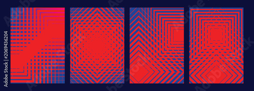 Abstract geometric line patterns, red and blue vector backgrounds