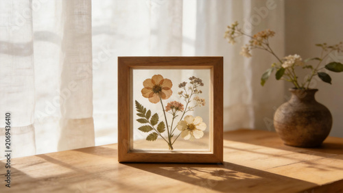 Dried Flowers in Wooden Frame on Sunny Table