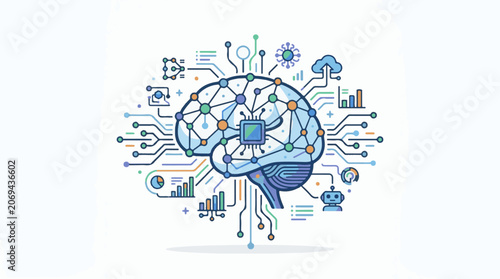 A stylized brain with circuit-like connections and data symbols