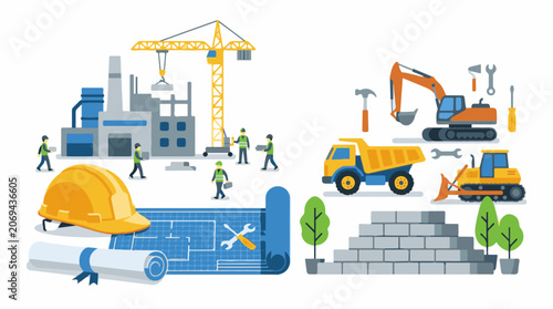A construction site with workers cranes and vehicles