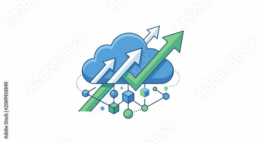 A blue cloud with white and green arrows and geometric shapes