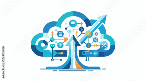 A blue cloud-shaped graphic with various symbols and arrows