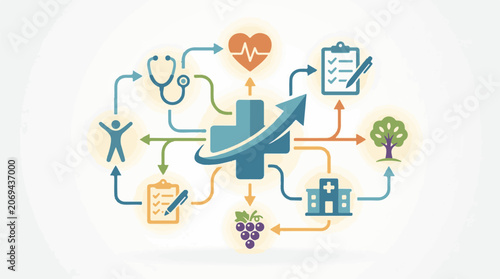 A blue cross with a curved arrow surrounded by health-related icons