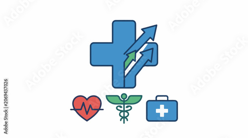 A blue cross with arrows and medical symbols