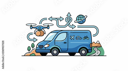 A blue delivery van with a drone dropping a package, surrounded by transportation icons