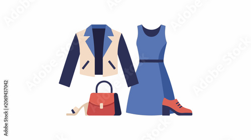 A blue dress with a blue and beige jacket, a red handbag, and high-heeled shoes