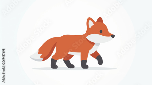 A cute orange fox with white and black details walks to the right