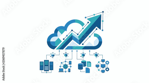 A blue graphic of a cloud with an upward arrow and various connected devices