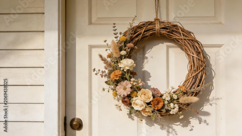 Rustic floral wreath on white door