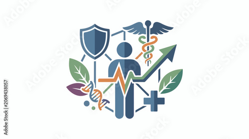 A blue human figure surrounded by medical symbols and green leaves on a white background