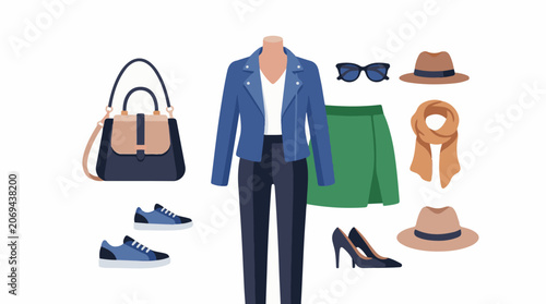 A blue jacket, white shirt, black trousers, green skirt and accessories