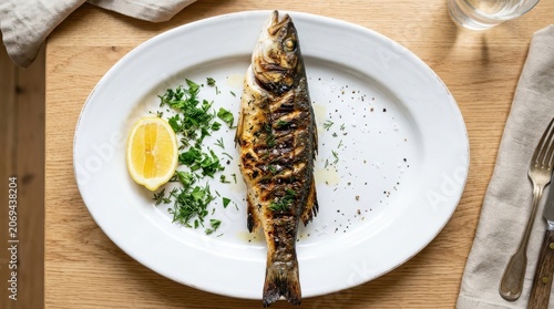 Grilled fish on a white plate with lemon and herbs on a wooden table