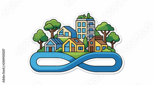 A blue infinity symbol supporting a cartoon village with houses and trees