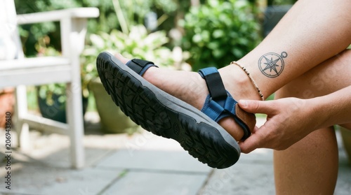 Woman putting on blue and black sandal outdoors in garden
