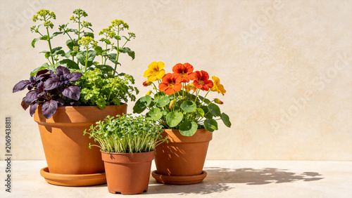Potted Plants with Colorful Flowers and Herbs
