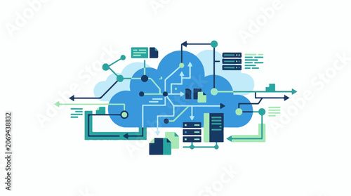 A blue cloud with various arrows and servers