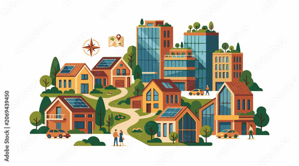 Fototapeta premium A vibrant, eco-friendly community with solar-powered homes and green spaces