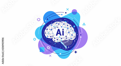 A vibrant illustration of a brain with AI text surrounded by geometric shapes