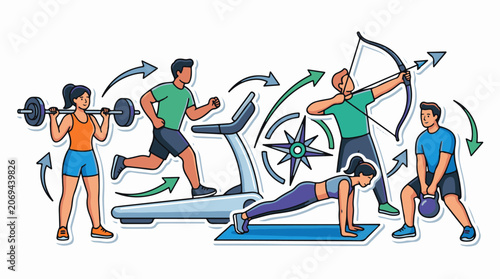 A vibrant illustration depicting various fitness exercises for health