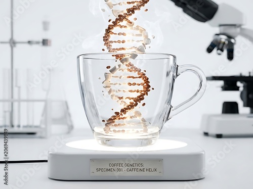 Caffeine Genetics Concept showing DNA Double Helix Made of Coffee Beans in a Laboratory
