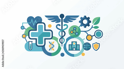 A vibrant arrangement of blue and green medical symbols