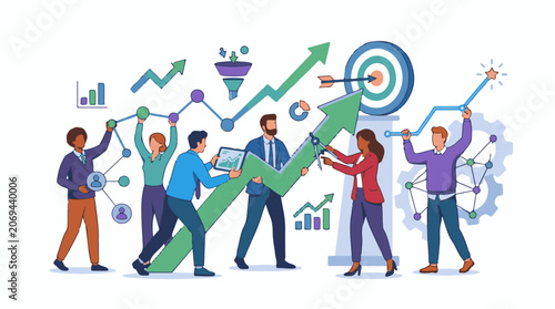 A group of people working together to create a large green arrow pointing upwards