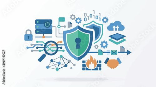 A shield surrounded by various icons representing data protection and cybersecurity