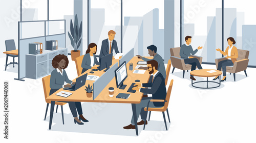 A modern office scene with people working on computers and collaborating