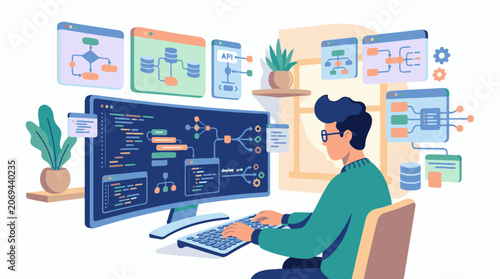 A man sits at a computer, surrounded by software development diagrams