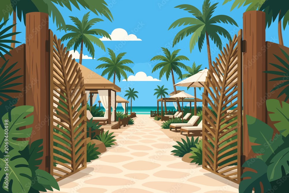 Fototapeta premium Tropical Beach Club Entrance Scene With Palms and Cabana Path