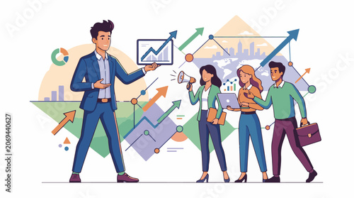 A group of business people presenting data on graphs and charts