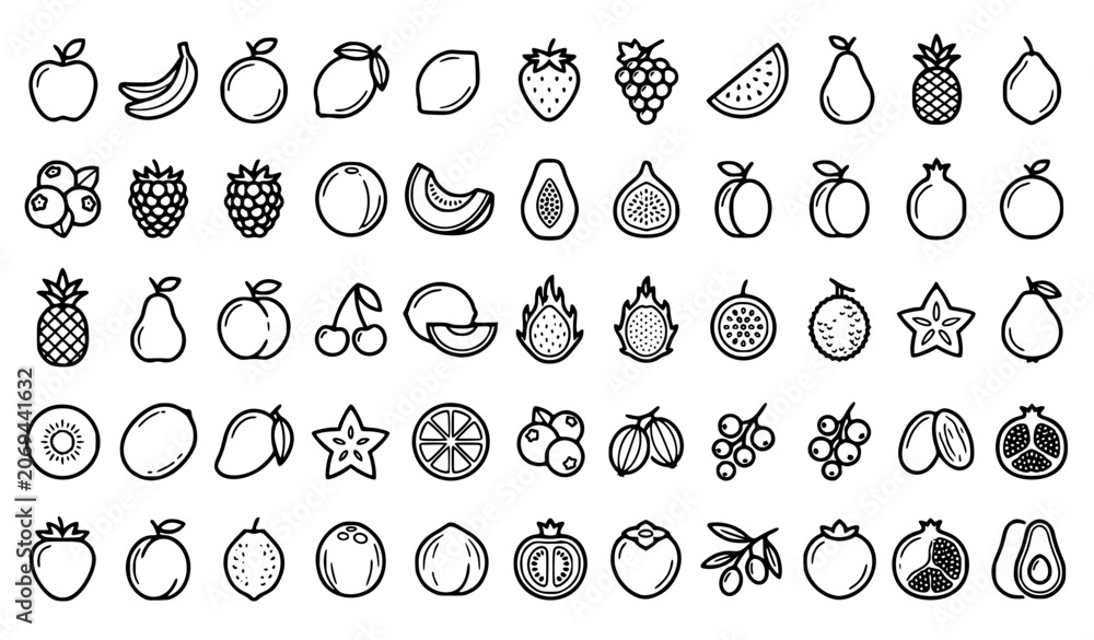 Fototapeta premium Black and White Fruit Line Icon Set for Healthy Lifestyle and Nutrition