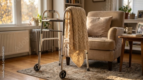 Walker Beside Armchair in Living Room: A mobility walker stands next to a comfortable armchair in a warm, sunlit living room, suggesting comfort and assistance for an elderly or recovering individual.