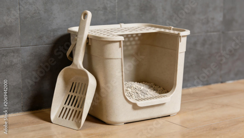 Cat litter box with scoop on wooden floor