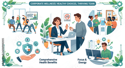 Tableau sur toile Corporate Wellness Program Banner Vector Set with Office Employees Exercising Sm