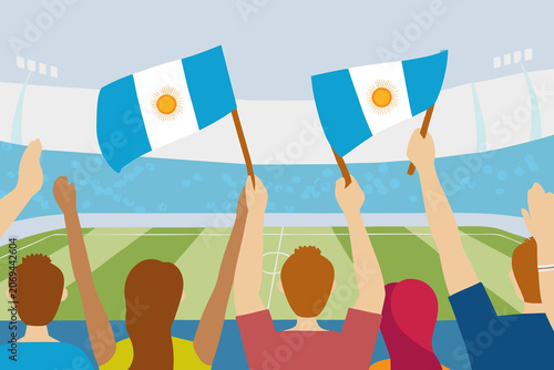 Soccer fans hold Argentine flags during a match in a stadium while cheering for their team on a sunny day