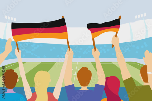 Fans cheer and wave German flags during a soccer match in a large stadium filled with excitement