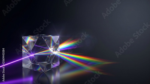 Futuristic Glass Prism with Rainbow Light Laser Refraction