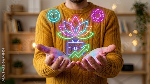 Man's hands holding glowing neon icons for wellness career success and happiness in soft light