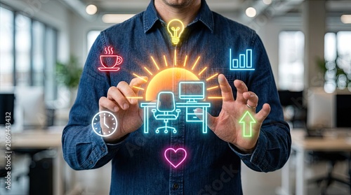Man's hands project glowing office workspace icons during sunrise concept in a modern coworking space