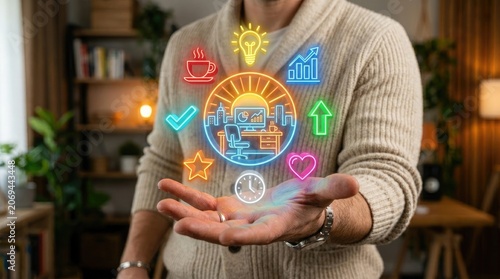 Man's open palm displaying glowing icons of work life balance and productivity during daylight in a home office