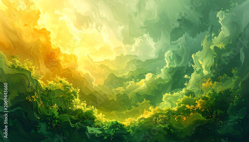 pixelated green and yellow abstract landscape with soft light and glowing particles, nature fantasy background