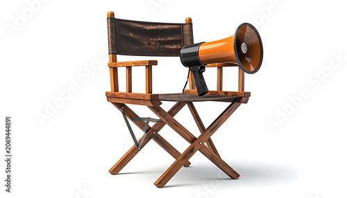 Pixelated megaphone on a director's chair, retro film making concept, communication announcement